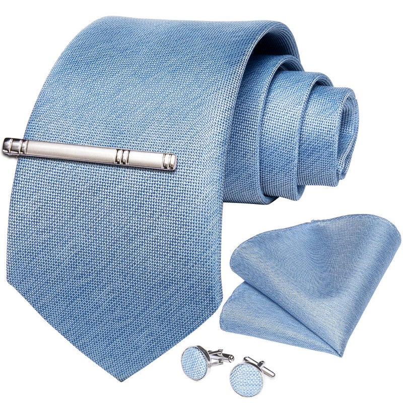 DiBanGu Mens Silk Necktie Solid Color Tie and Pocket Square Cufflink Tie Clip Set Woven Plain Ties for Men Wedding Party, Light Blue - Image 4